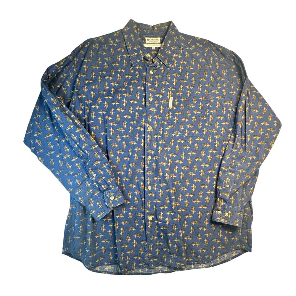 VTG‎ Columbia Sportswear Fish Print Button Up Shirt Mens XXL Blue Fishing Cotton